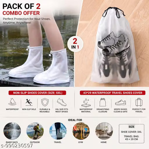 Non-Slip Silicone Waterproof Rain Shoe & Shoe Cover Bag– Pack of 2 XXL